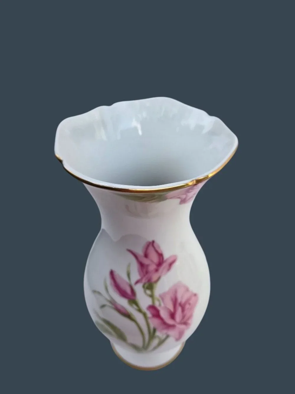 Givenchy Rose Fine Porcelain Vase With Pink Floral Design & Gold Trim 1989